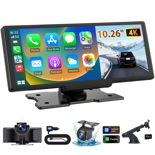 10.26" Wireless CarPlay Screen for Car: 4K Dash Cam & 1080P Backup Camera, Portable Touchscreen Car Stereo for Apple Carplay & Android Auto, GPS Navigation, Mirror Link BT FM Voice Control (ADAS)
