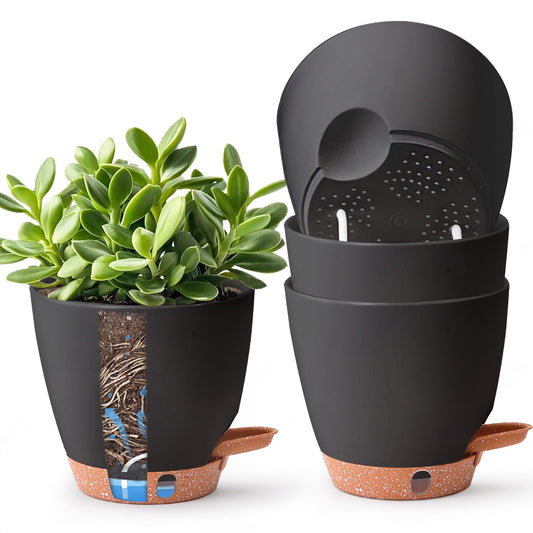 T4U 6 Inch Self Watering Pots for Indoor Plants - Mess-Free Bottom Watering Planter for Herbs/Pothos/Succulent Plants, Indoor Outdoor Use (Black, 4 Pack)