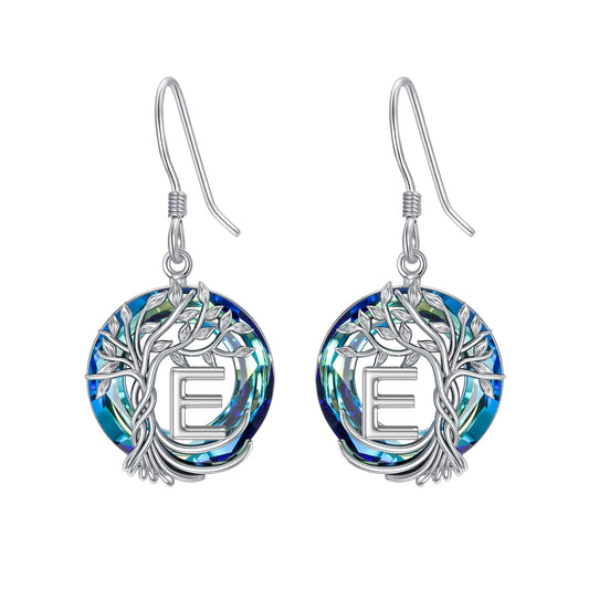 TOUPOP Tree of Life Initial Earrings Sterling Silver Initial E Letter Drop Dangle Earrings Blue Circle Crystal Family Tree Jewelry Birthday Mothers Day Gifts for Women Mom Her