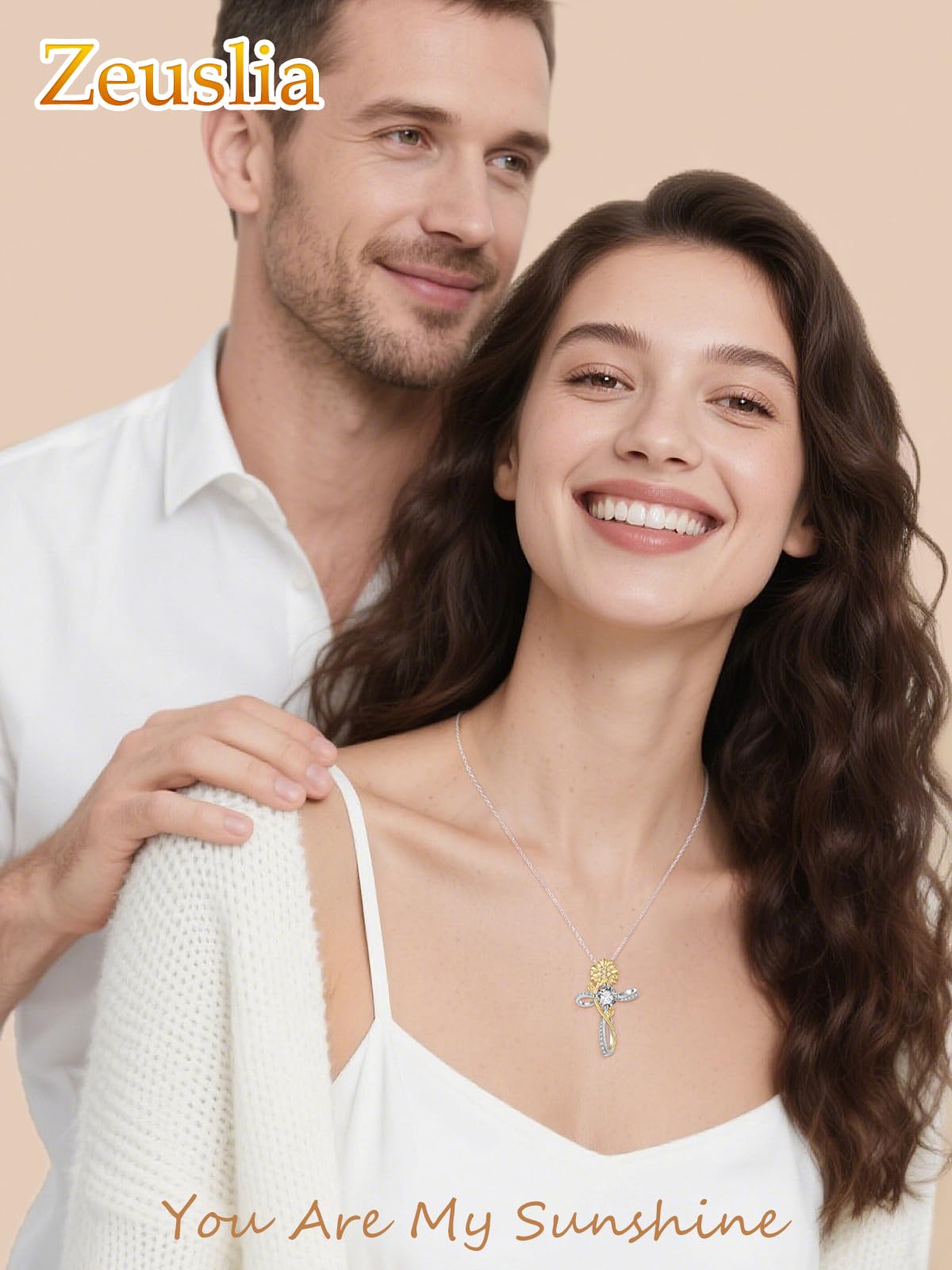 Zeuslia Cross Necklace for Women Sterling Silver Cross Pendant Jewelry with Sunflower CZ April Birthstone Necklace Christian Religious Baptism First Communion Confirmation Birthday Gifts for Women