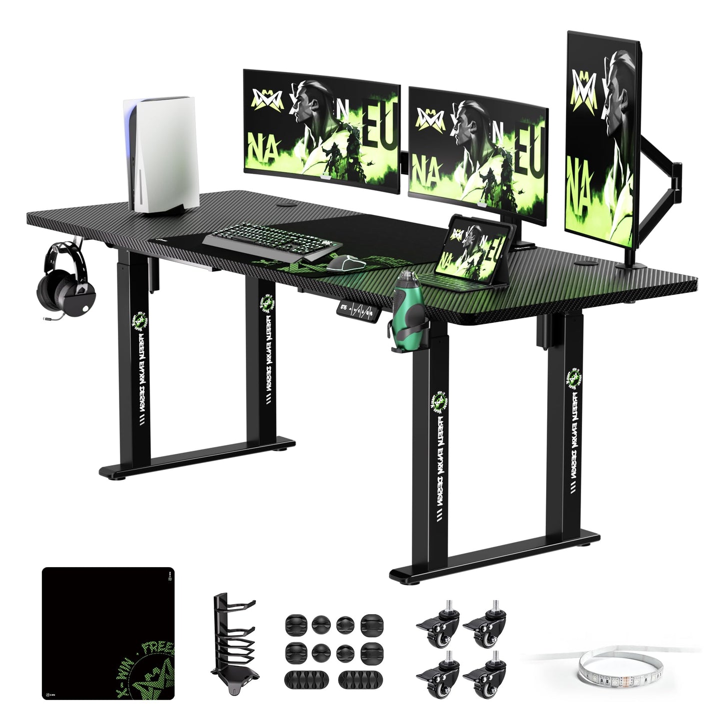 Klobel X-Win Electric Height Adjustable Standing Desk, 71" x 29.5" 4-Leg Ergonomic Sit to Stand for Home Office, Powerful Dual Motor Work Surface, Carbon Fiber Textured Black