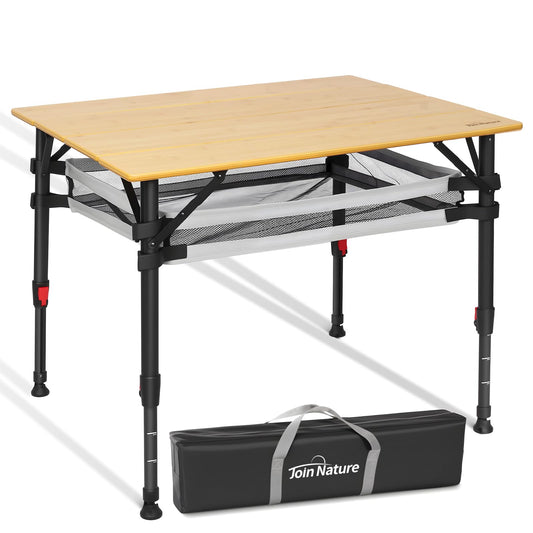 Join Nature Bamboo Camping Table, Adjustable Height Folding Outdoor Table with Aluminum Frame, Portable Camp Table with Carry Bag for Camping, RV, Picnic & Tailgating