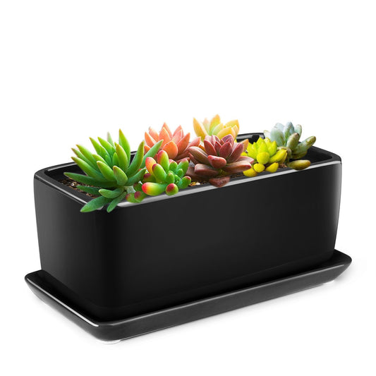 Flexzion 10 Inch Rectangular Ceramic Succulent Planter Pot - Cactus Herb Flower Container Window Box Holder with Removable Drip Tray Base for Tabletop Desktop Indoor Outdoor Home Office Garden (Black)
