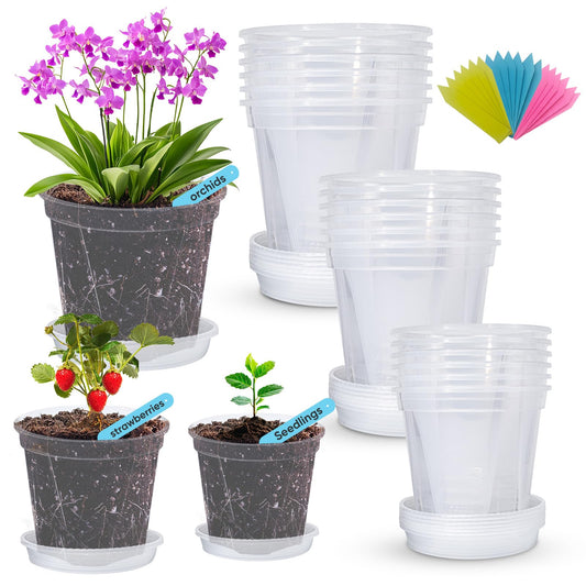 Co.Life 18 Pack Clear Plant Pots with Drainage, 5/6/7 Inch Thick Clear Plastic Pots for Plants, Indoor Outdoor Planter Set with Saucers & Plant Labels for Monstera, Succulents, Herbs