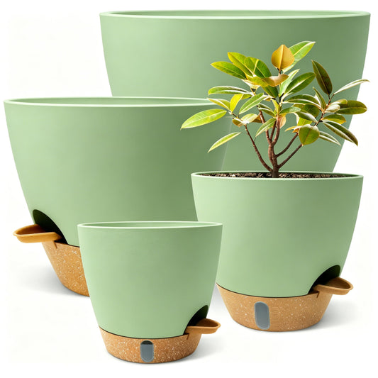 MNKXL 12"/10"/9"/8" Self Watering Pots with Visual Water Window,Extra Large Self Watering Plant Pots with Drainage Holes & Saucers,Green Planters for Indoor Plants,4-Pack