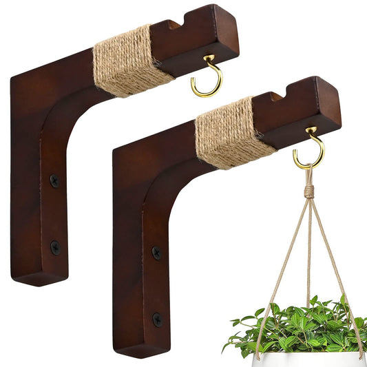Plant Hanger Hooks for Indoor Hanging Plants, 2 Pack Rustic Farmhouse Wooden Hanging Basket Wall Bracket Plant Hooks for Indoor Outdoor Flower Pots Lanterns Wind Chime Balcony Light Garden Decoration