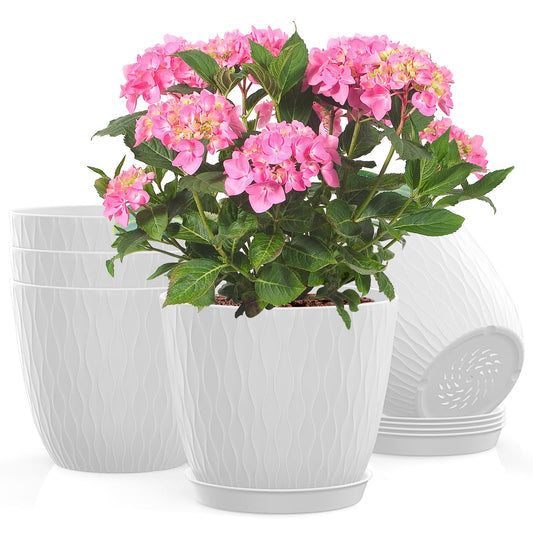 KAHEAUM 5 Pack 6 inch Planters for Outdoor Plants Indoor Plant Pots with Drainage Holes and Saucers, Modern Plastic Flower Pots for Plants Succulent Holiday Office House Home Decor Garden Pots White