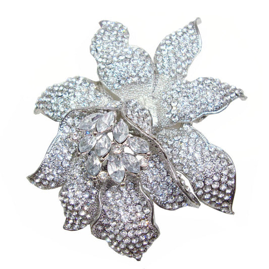 TTjewelry Classic Crystal Rhinestone Large Flowers Orchid Brooch Pins Woman Jewelry B10461600 (White Silver-Tone)