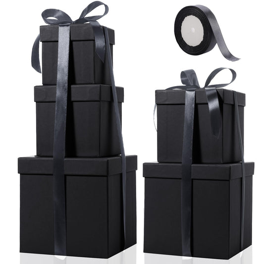 Cholemy 5 Pcs Square Nesting Boxes Decorative Gift Boxes with Lid and Ribbon Assorted Sizes Wrap for Wedding, Carnival, Anniversary, Birthday, Bridal Shower Party Gifts(Black)