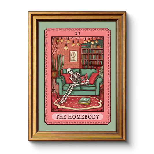 Vintage Spooky Cozy Home Scene Framed Wall Art 12x16, Funny Retro Illustration “The Homebody” Skeleton Tarot Canvas Print, Halloween Gothic Quirky Dark Humor Bedroom Office Aesthetic Decor
