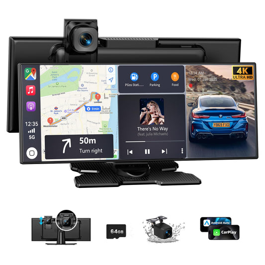 11.5" Largest Wireless Carplay HD Screen for Carplay & Android Auto Car Stereo with 4K Dash Cam 1080P Backup Camera, GPS Navigation/Bluetooth/Mirror Link/Voice Control/AUX/FM/Siri