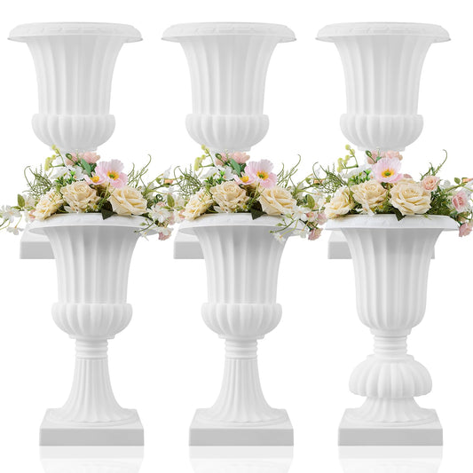 AceOrbit 6 Pack 20" Large Plastic Urn Planters, Pedestal Flower Plant Pot White Plant Stand for Wedding, Party, Event, Home, Stage, Garden, Balcony Decoration