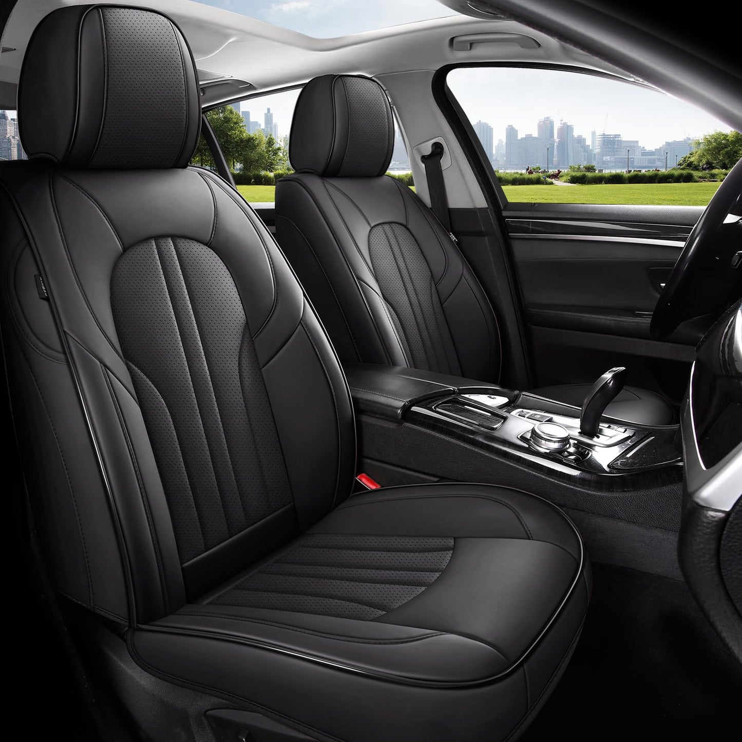 MINGBRON Car Seat Cover Full Set, Leather Car Seat Cover, Waterproof Seat Covers, Car Seat Cushion, Nappa Leather Seat Covers Car Seat Protector Universal Fit Most Cars Black