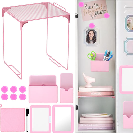School Locker Organizer, Pink to School Essentials Locker Accessories for Girls, Locker Set Includes Locker Shelf, Locker Mirror, Whiteboard (Pink)