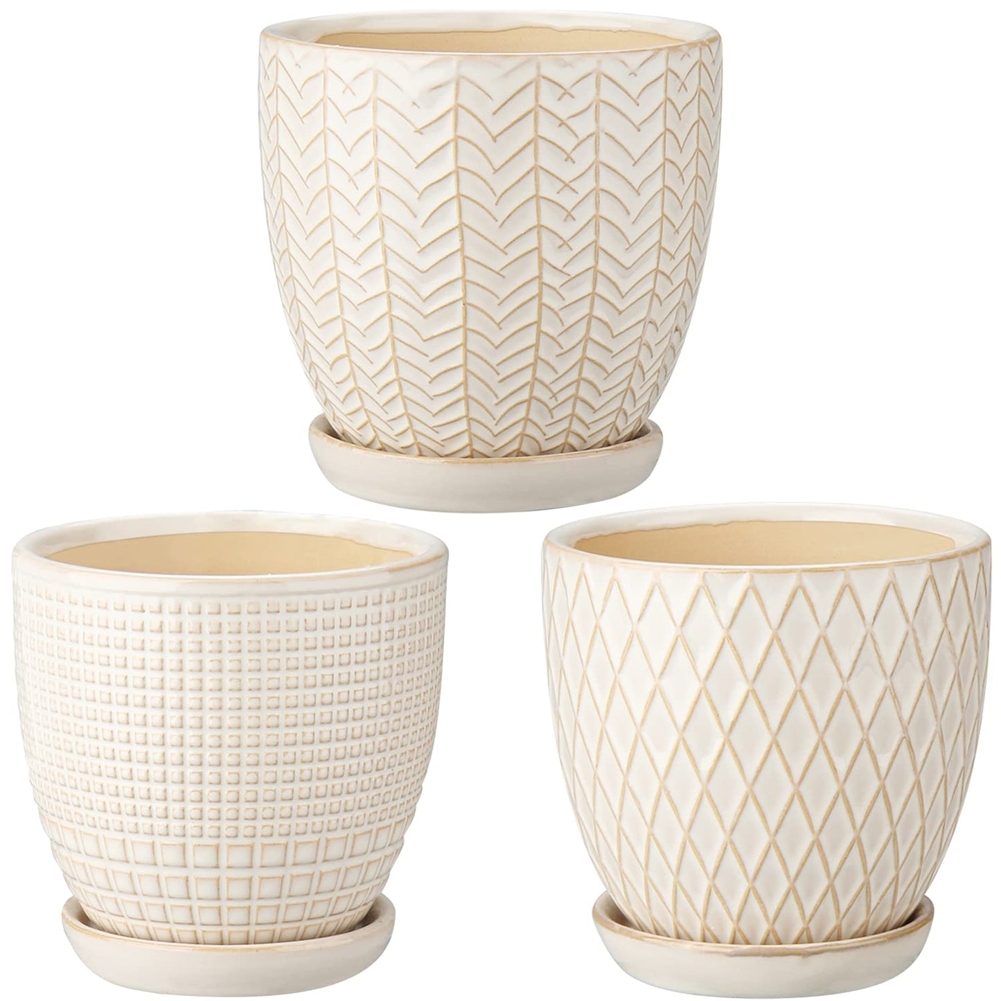 Oairse 4 inches Ceramic Planter Pots 3 Set of Small Round Flower Pots with Drainage Hole and Ceramic Tray for Succulents Cactus Indoor Outdoor Garden Home Windowsill
