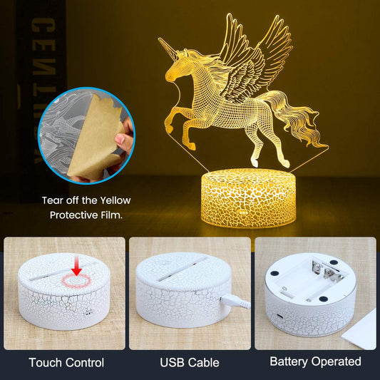 Hoofun 3D Illusion Lamp Unicorn, 3D Flying Unicorn Night Light Remote Control Desk Visual Lamp 16 Changeable Colors Birthday Gifts Night Lights for Girls Kids Home Decor