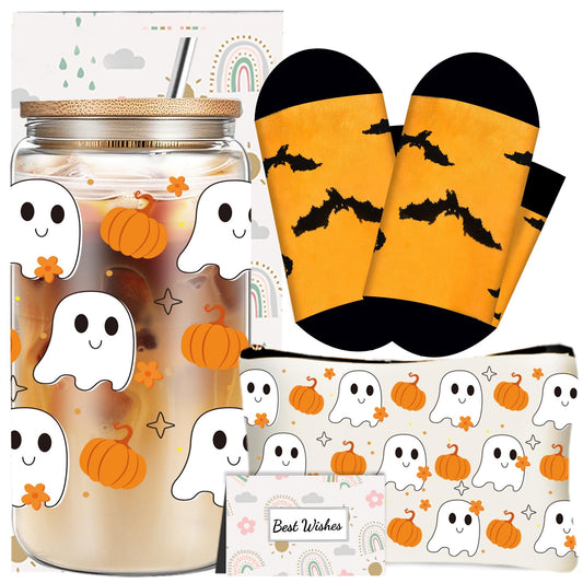 DHQH Halloween Gifts for Women, Cute Halloween Boo Birthday Gifts Set for Sister Friends Teacher, Boo Basket Stuffers with 16 oz Glass Cups