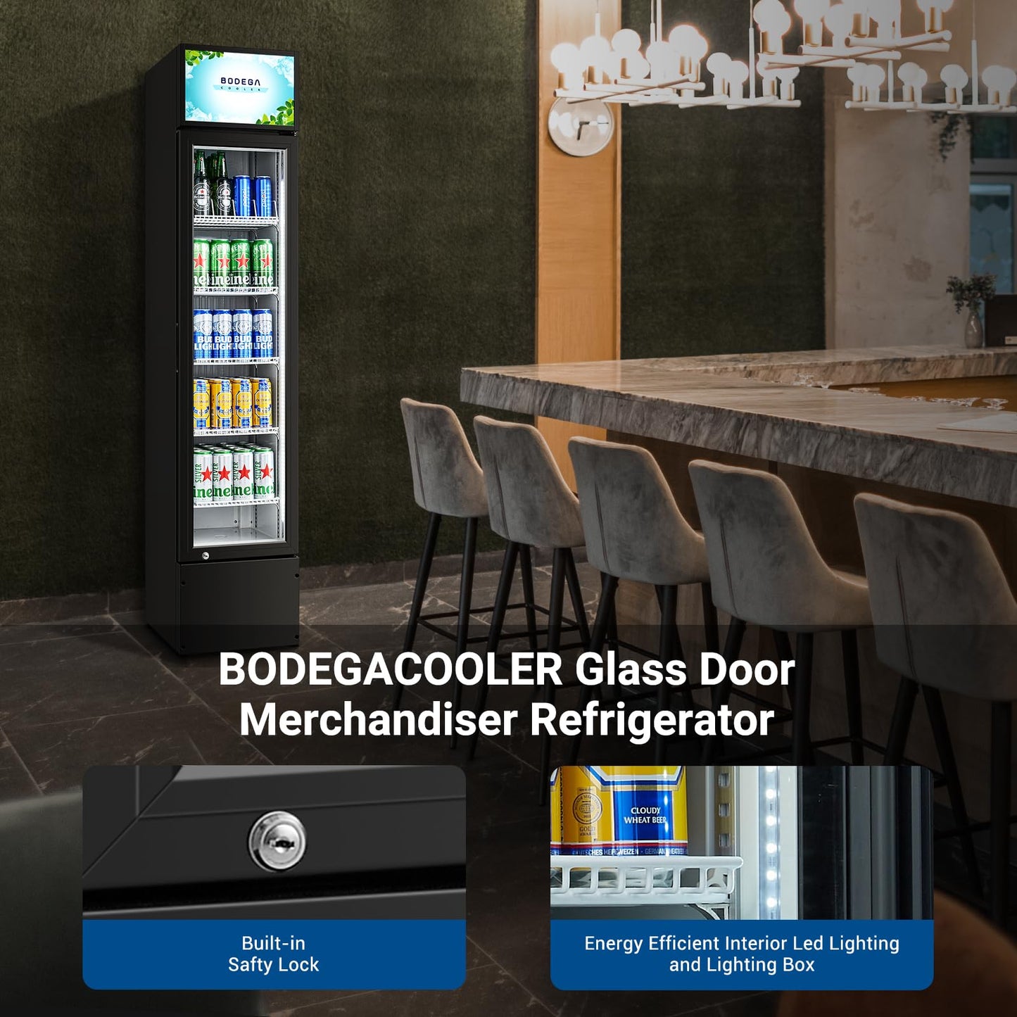 BODEGACOOLER Commercial Merchandiser Refrigerator, Glass Door Commercial Beverage Refrigerator, Beverage Display Cooler with Soft LED Light and Adjustable Shelves, 5.7 Cu. Ft. Single Swing Door, Black