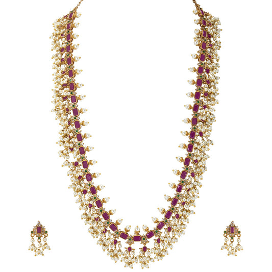 Aheli Bollywood Traditional Gold Tone Long Necklace Earrings Bharatanatyam jewellery Set Gift for Women Wedding Ethnic Fashion Wear
