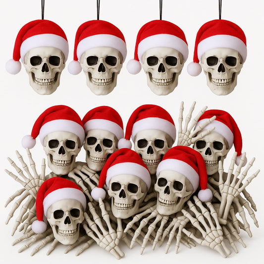 Soulchen 24 Pcs Christmas Gothic Decorations Skull Tree Hanging Ornament with Santa Hat Halloween Skulls Head and Hand Small Skeleton Decoration Spooky Christmas Hanging Ornament for Party Supply
