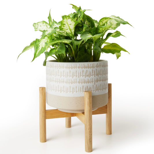 LA JOLIE MUSE Ceramic Plant Pot with Stand - 7.3 Inch Decorative Cylinder Flower Pot with Wood Planter Holder for Indoor, Yellow & White
