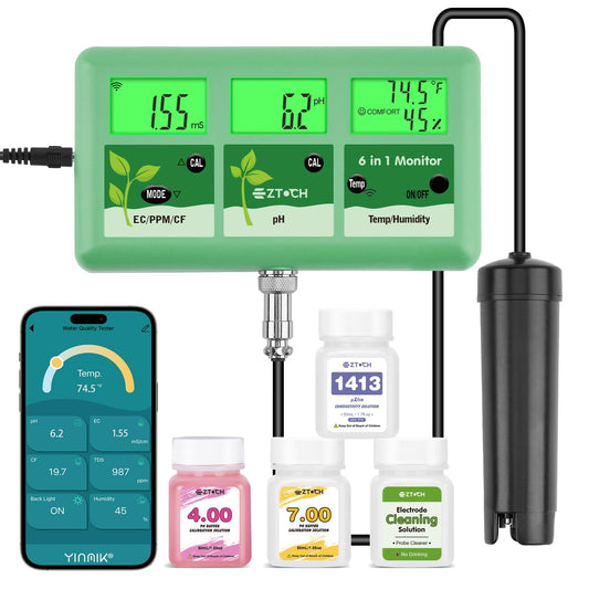 EZTOCH pH EC Continuous Monitor for Hydroponic, 6 in 1 WiFi EC PPM CF pH Meter, Digital pH TDS Temp Humidity Conductivity Monitor for DWC Hydroponic System, Aeroponic Gardening, Aquaponic