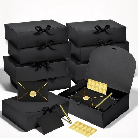 WLUSEAXI 10 Pack Black Gift Boxes with Lid, Bridesmaid Proposal Box with Cards and Envelopes Metal Pen Sticker for Groomsmen Proposal,Birthday,Wedding, Mother's Day 10.6×8×3.1 Inch