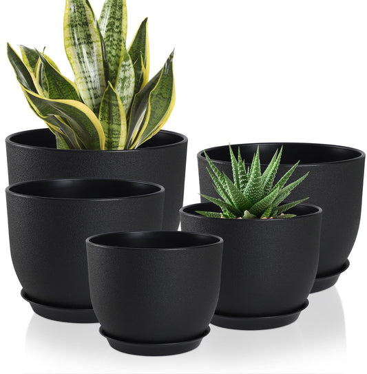 YNNICO Plant Pots 10/9/8/7.5/7 inch Set of 5,Flower Pots with Multi Mesh Drainage Holes, Large Planters for Indoor Outdoor Garden Plants and Flowers. (Black)