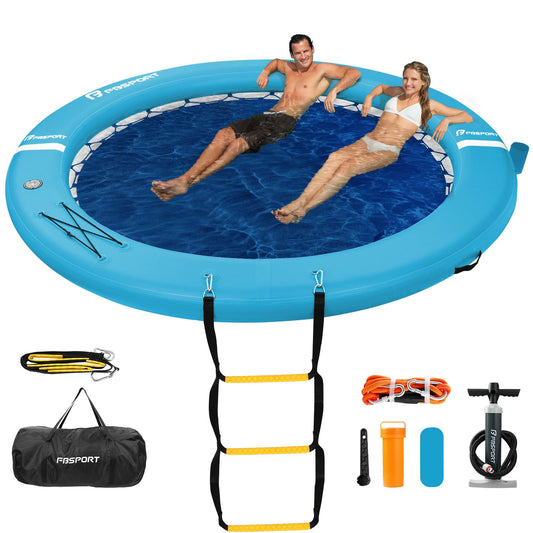 FBSPORT Inflatable Water Hammock Round Floating Ring, 8ft Inflatable Dock Floating Platform for Lake W/Cupholder, Sun Float Chill Raft Float Ring Tanning Pool Lounger Island Platform Pad, Blue
