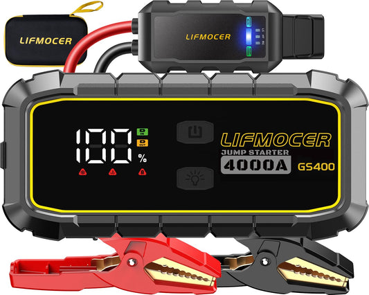 LIFMOCER GS400 Jump Starter - 4000A Car Battery Jump Starter for Up to 12.0L Gas and 10.0L Diesel Engines, 12V Portable Jump Box with Storage Case USB Quick Charge, and LCD Display