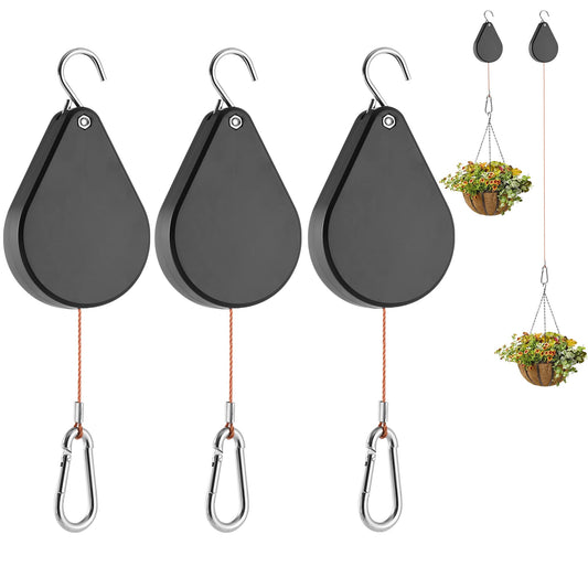 WROSWT Upgraded Retractable Plant Hanger,Plant Pulleys for Hanging Plants,Easy to Raise and Lower,Auto Lock,Heavy Duty, Adjustable Hook for Garden Baskets Pots,Birds Feeder,(3Pcs,Black)