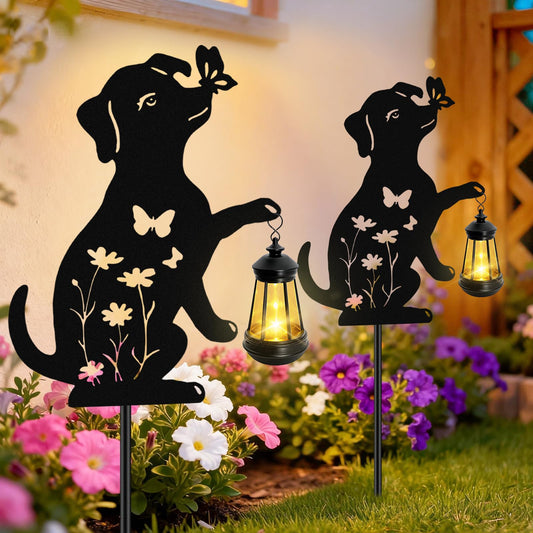 Dog Outdoor Solar Lantern Waterproof, Birthday Gifts for Christmas Women Mom, Solar Hanging Lights with Butterfly Metal Figurine, Garden Decor Outside Patio Yard Pathway Backyard Ornaments, 2 Pack