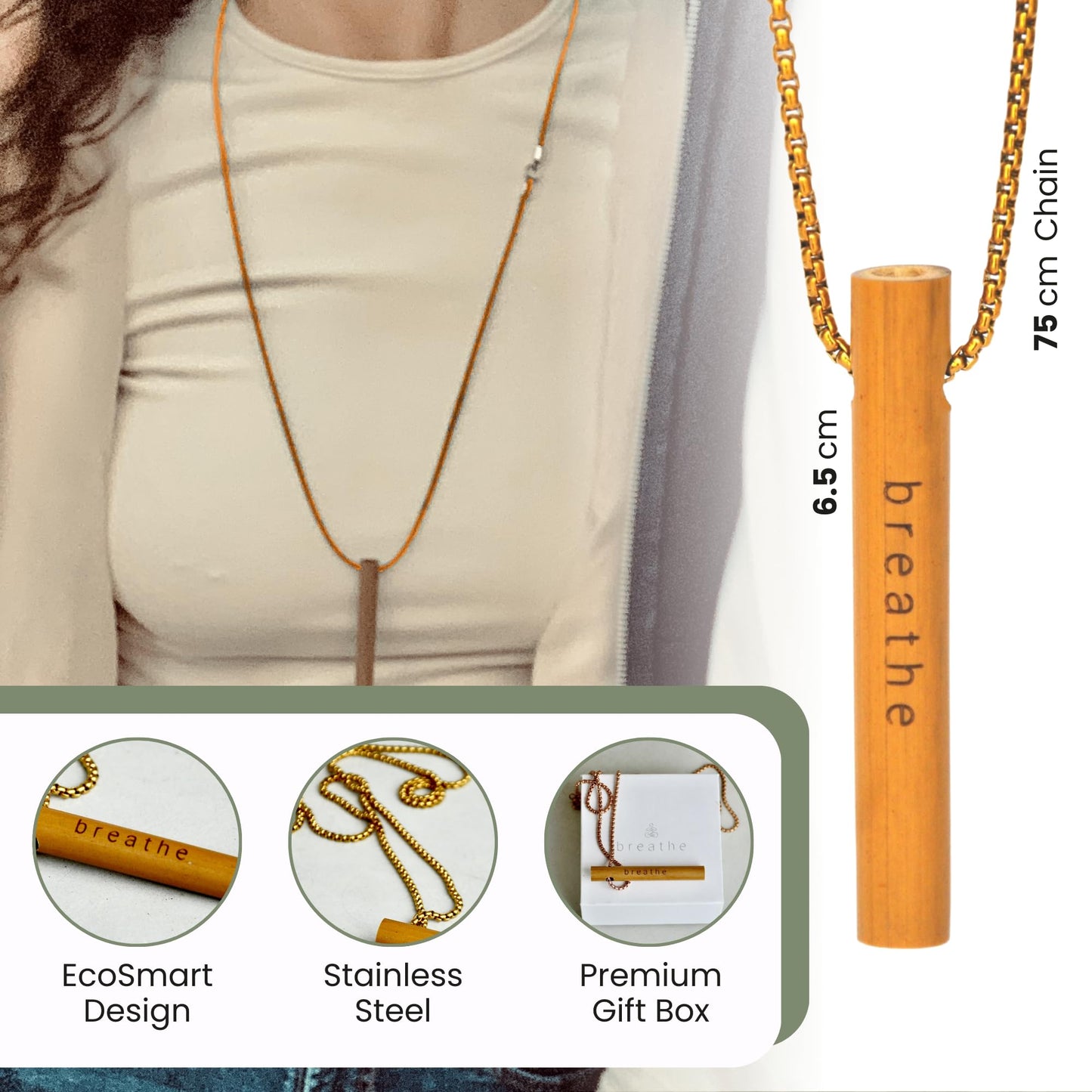 MyCalmAir Bamboo Breathing Necklace for Meditation, Mindfulness Tool, Stress Reducer, Eco-Friendly Breathe Pendant, Portable Relaxation Gift for Men & Women (Silver)