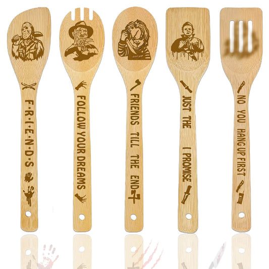 Horror Movie Merchandise Decor Christmas Gifts Wooden Spoons for Cooking, Natural Bamboo Kitchen Decorations Set 5 Pack for Women Man Birthday Fan Lover Gift Holiday Scary Party Accessory