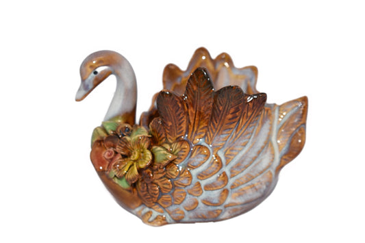 New Beautiful 5" White Swan Bird with Raised Flowers and Leaves Reactive Glaze Plant, Succulent, Cactus Planter Pot,Air Plant, Bamboo