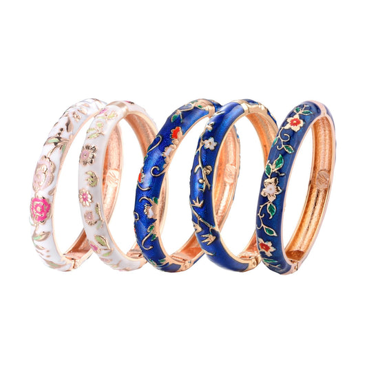UJOY Bangles 5 Pcs Enamel Jewelry Set Rose Flower Engraved Cloisonne Bracelets Pack in a Box 5PCS Blue White