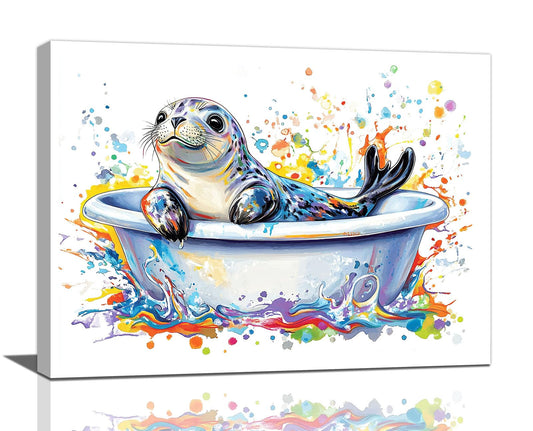 Quorin Seal Bathroom Wall Art Funny Bathtub Pictures Cute Animal Wall Decor Colorful Graffiti Canvas Print Painting Artwork for Bathroom Living Room Bedroom 16L x12W