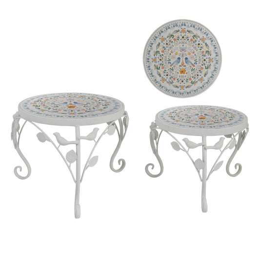 Rustic Metal Plant Stand Set of 2 Indoor & Outdoor Round Ceramic Top Mosaic Planter Pot Stand Low Heavy Duty Flower Holder Rack for Garden Patio Living Room Farmhouse Accessory Decor Gift White Flower Bird