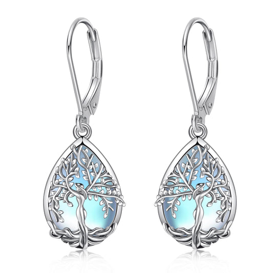 ONEFINITY Tree of Life Earrings Sterling Silver Moonstone Tree of Life Dangle Drop Earrings Teardrop Moonstone Jewelry for Women