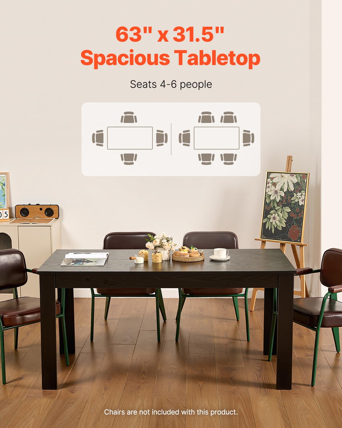 VEVOR Rectangle Dining Table, 63 inch Length Large Wood Tables for 4-6 Person, Modern Dinner Furniture, Conference Desk Supporting for 330LBS, for Home Kitchen Living Room, Black(Only Table)