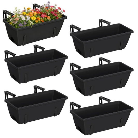 CADUKE 6 PCS Railing Planter Boxes, Black Planter Boxes with Adjustable Bracket, 17 Inch Deck Rail Planters for Outdoor Plants, Flower Pots for Balcony Garden Decor