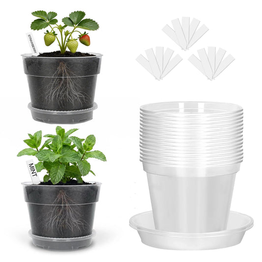 Amasiver 6 Inch Clear Nursery Pots for Plants,Transparent Plant Pots with Drainage Holes & Saucers,Seed Starter Pots with 15 Plant Labels,Clear Plastic Flower Pots for Indoor Outdoor