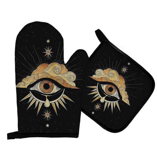 Mingnei Tarot Evil Eye Halloween Oven Mitts and Pot Holders Set, Heat Resistant Potholder Kitchen Decor for Cooking Baking BBQ Grilling, Goth Tarot Oven Glove Set, Gothic Witchy Gifts