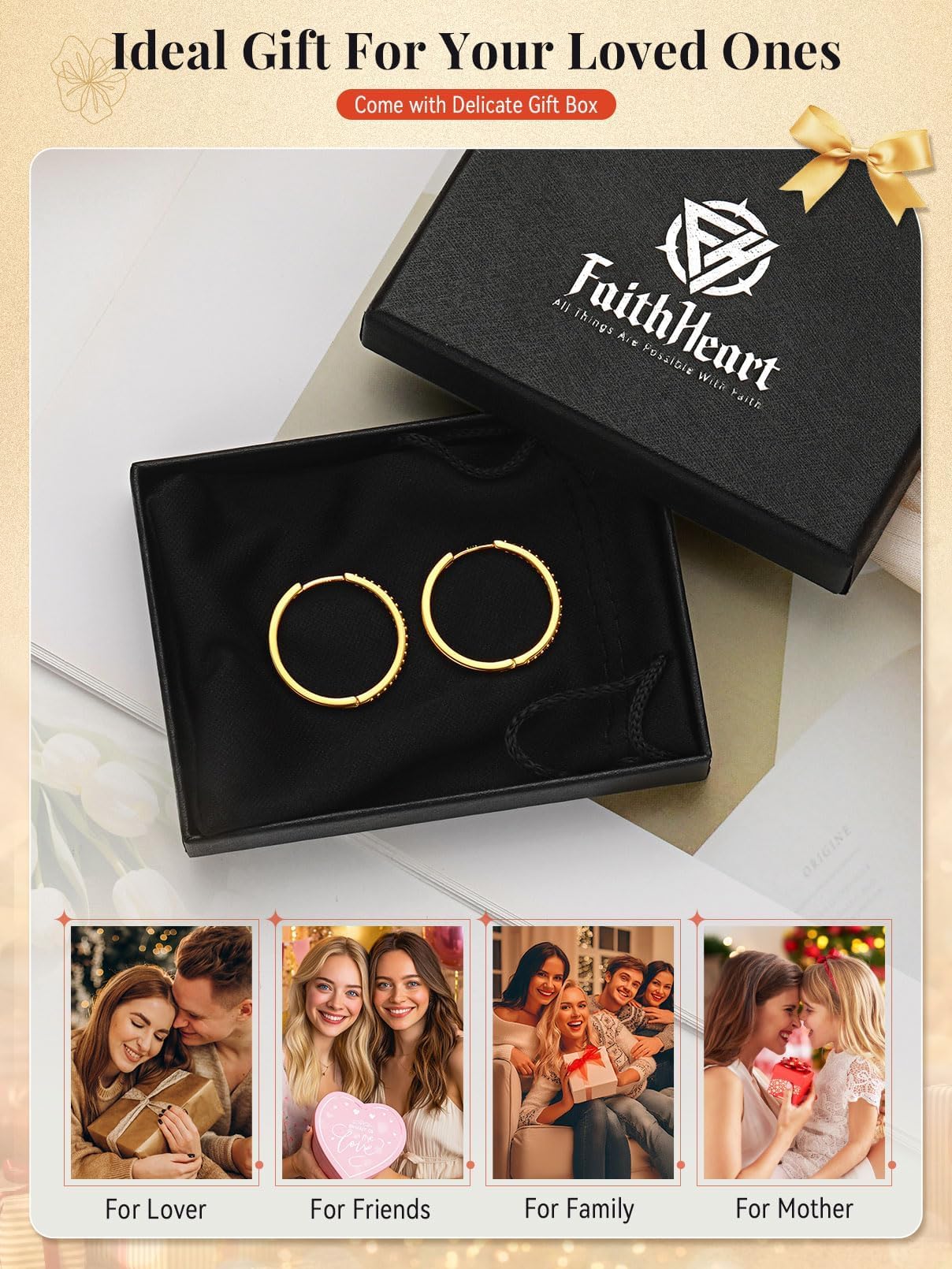 FaithHeart Cubic Zirconia Hoop Earrings for Women, 14K Gold Hypoallergenic Huggie Hoop Earrings, Small Cartilage Earrings for Women 16mm, Send Gift Box