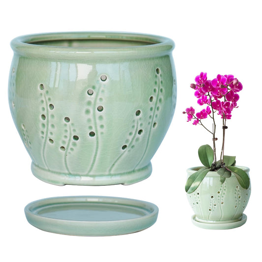 Ceramic Orchid Pot 6.3 Inch, Orchid Pots with Holes, Large Plant Pot for Repotting, Ventilation Holes Breathable for Roots, Durable Ice-Cracked Glaze Ceramic Planter Pot (Grass Green)