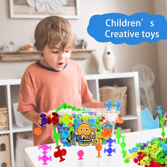 165Pcs Genius Suckers Suction Cup Toys, Bath Sensory Toys for Kids, Colorful Building Toys Party Favor Gift for 3 4 5 6 Year Old Boy Girl Toddler Travel Fidget Window Toy with Storage Organizer