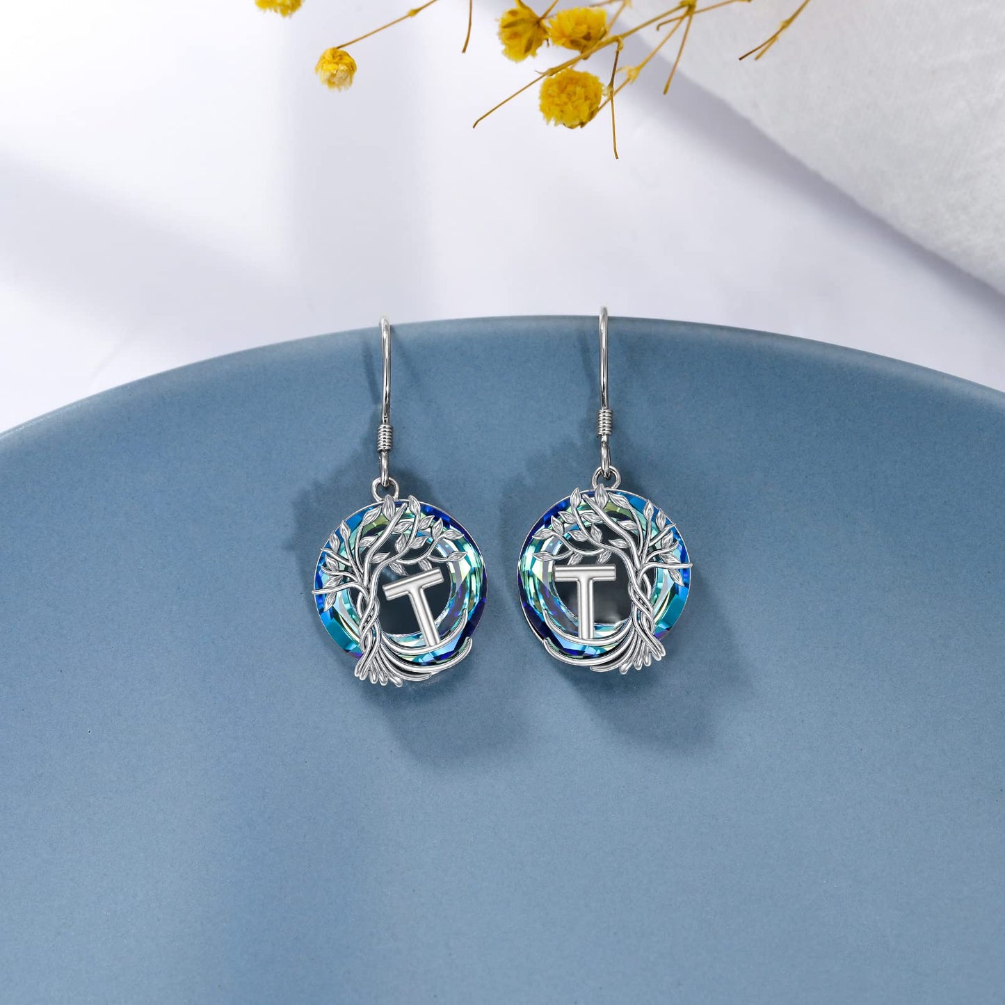 TOUPOP Tree of Life Initial Earrings Sterling Silver Initial T Letter Drop Dangle Earrings Blue Circle Crystal Family Tree Jewelry Birthday Mothers Day Gifts for Women Mom Her