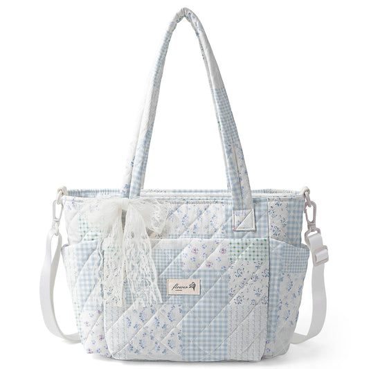 WOBAGMEN Quilted Lunch Box for Women,Insulated Lunch Tote Bag for Women for Work, Coquette Large Capacity Lunch Tote with Shoulder Straps, Elegant Lunch Purse for Office, Travel, Daily Use,Green Blue