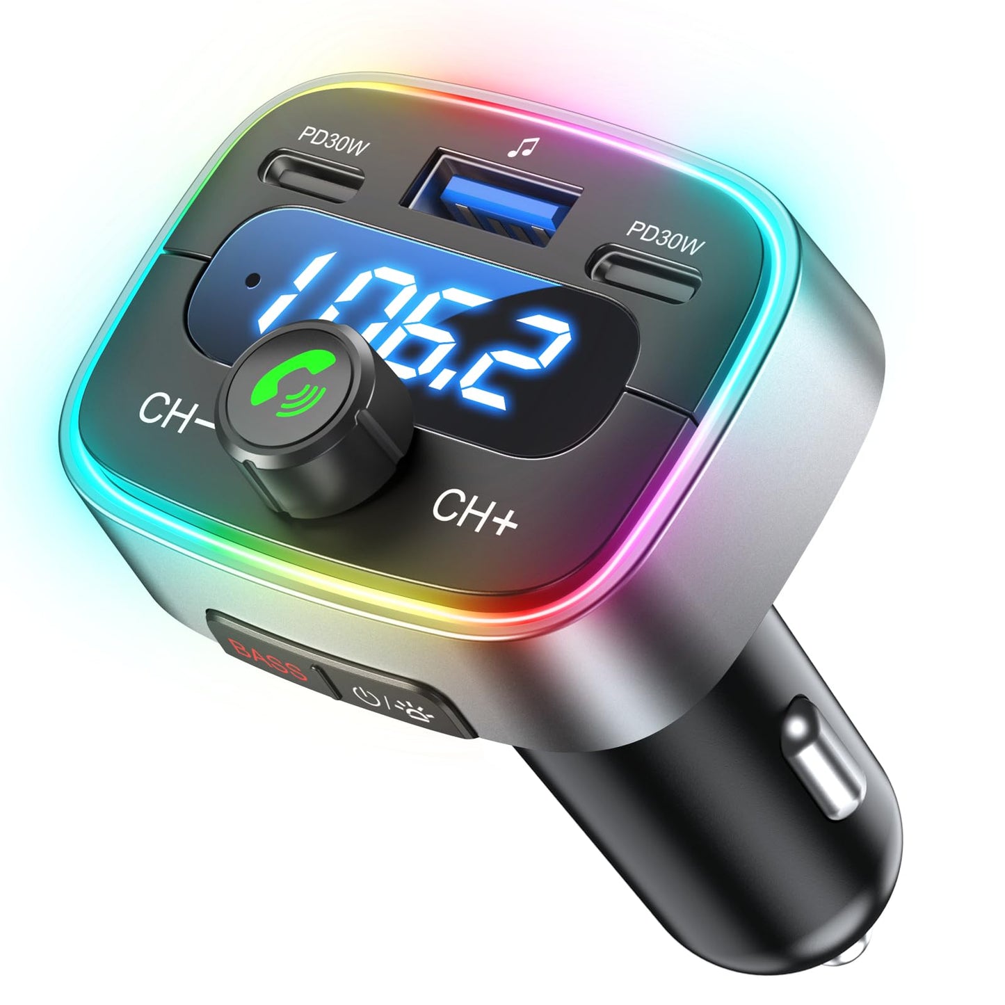 HUNDRUP Bluetooth 5.4 Car Adapter 60W Charging USB Bluetooth Adapter for Car,Wireless Fm Transmitter Radio,Handsfree Calling and Audio Receiver,HiFi Music Player,7 Colors LED Backlit