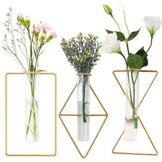 3 Pack Nordic Wall Vase,Gold Geometric Vase Hanging Hydroponic Planter,Wall-Mounted Metal Glass Tube Bud Vase Decorative for Centerpieces Wedding Home Decor(Gold 6)